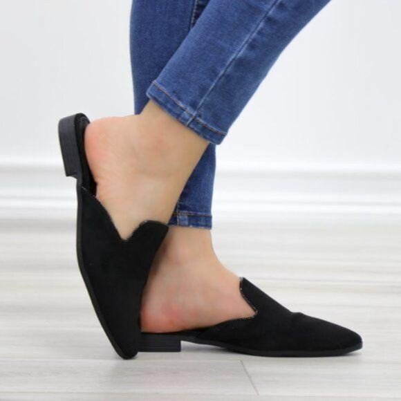 Suede Black Pointy Toe Slip On Mule Loafer - Picture 11 of 12